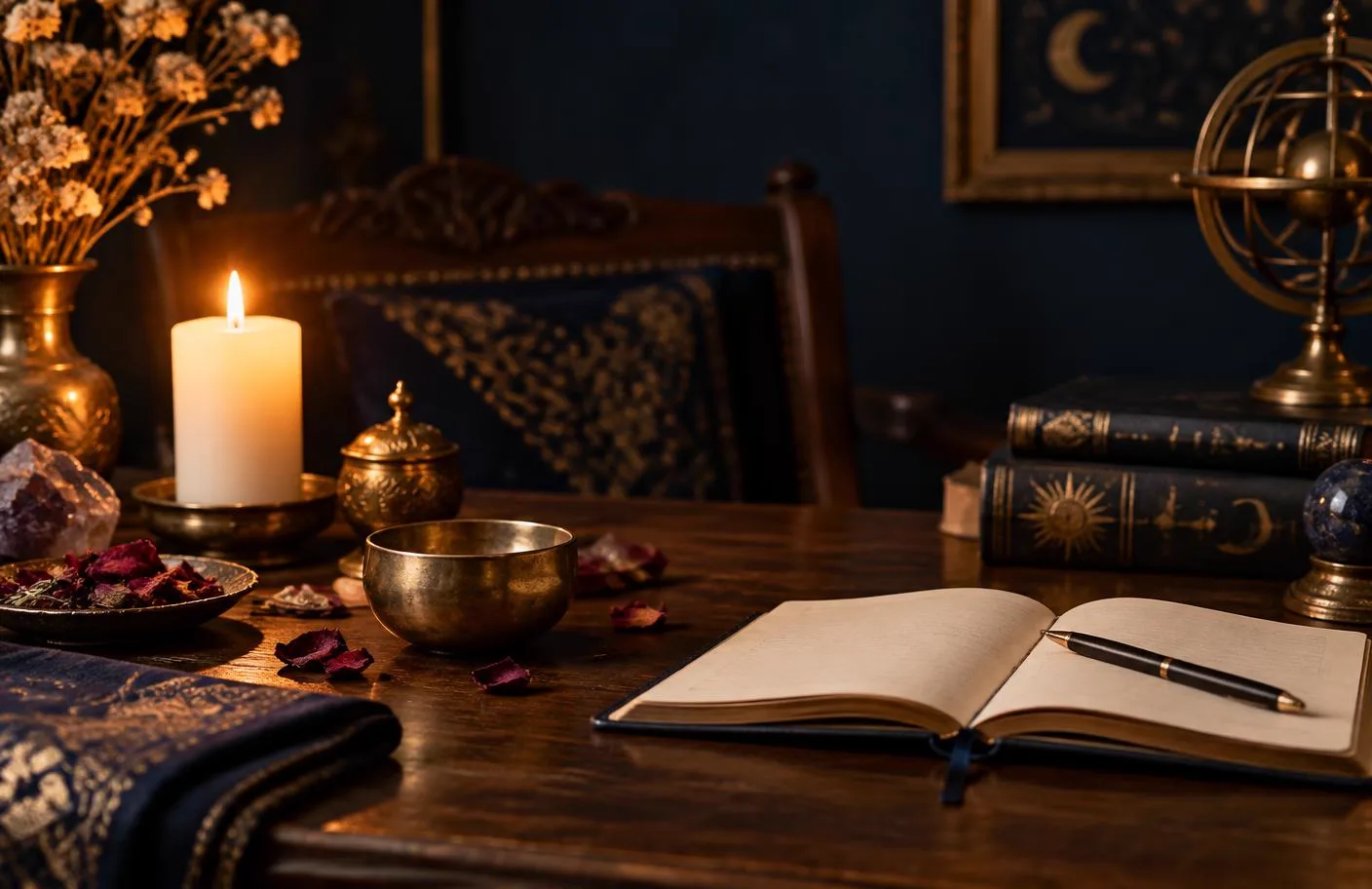 A traditional consultation table with a candle and brass bowl