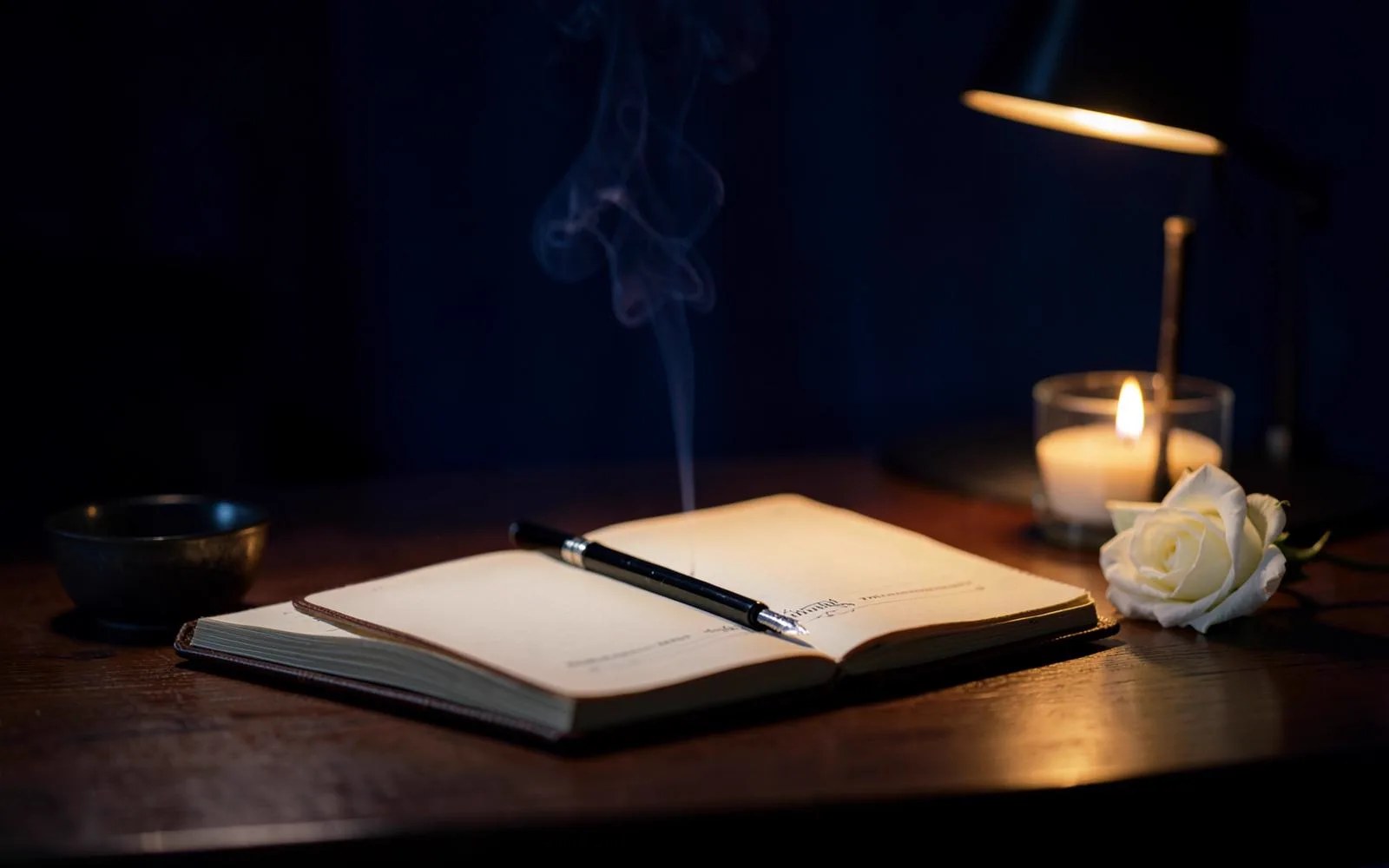 A traditional consultation table with a candle, brass bowl and open notebook