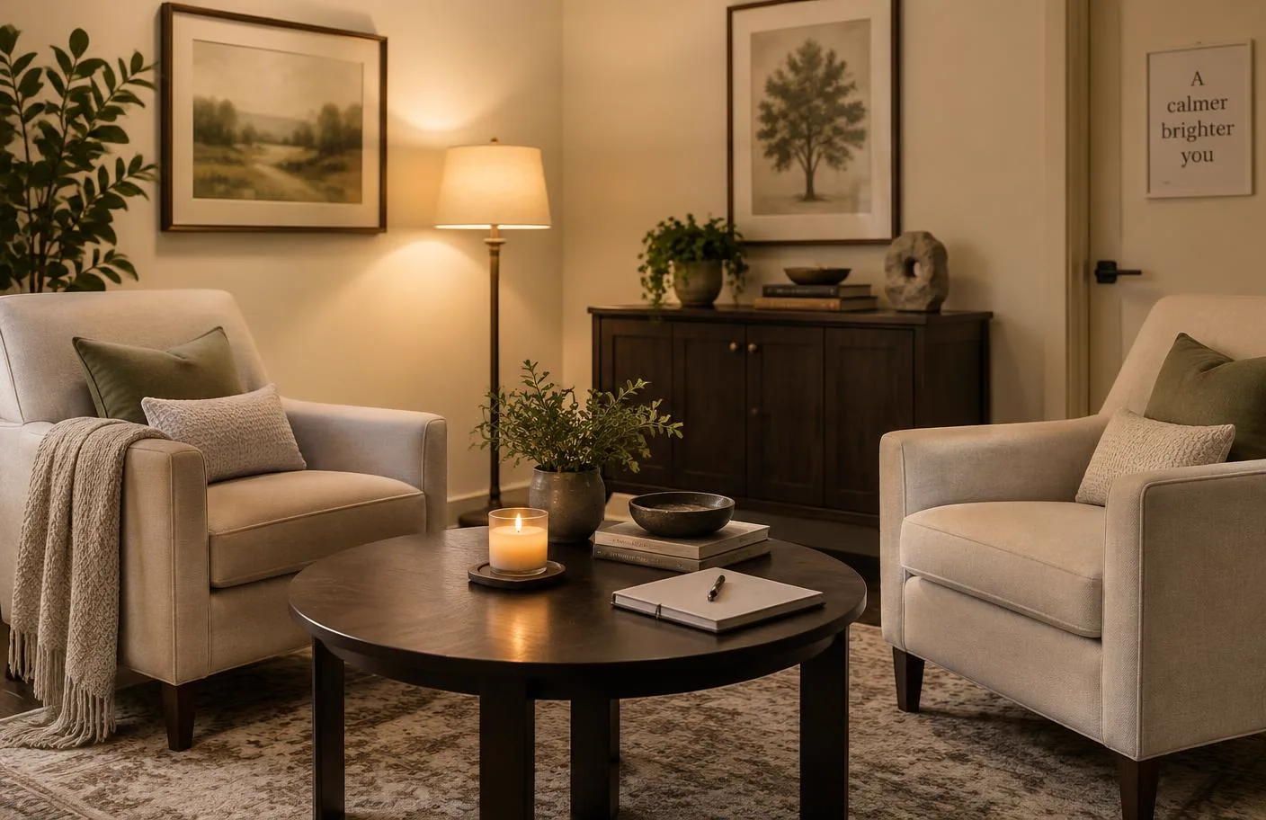 A warm, quiet consultation room with two armchairs, a lamp and a lit candle