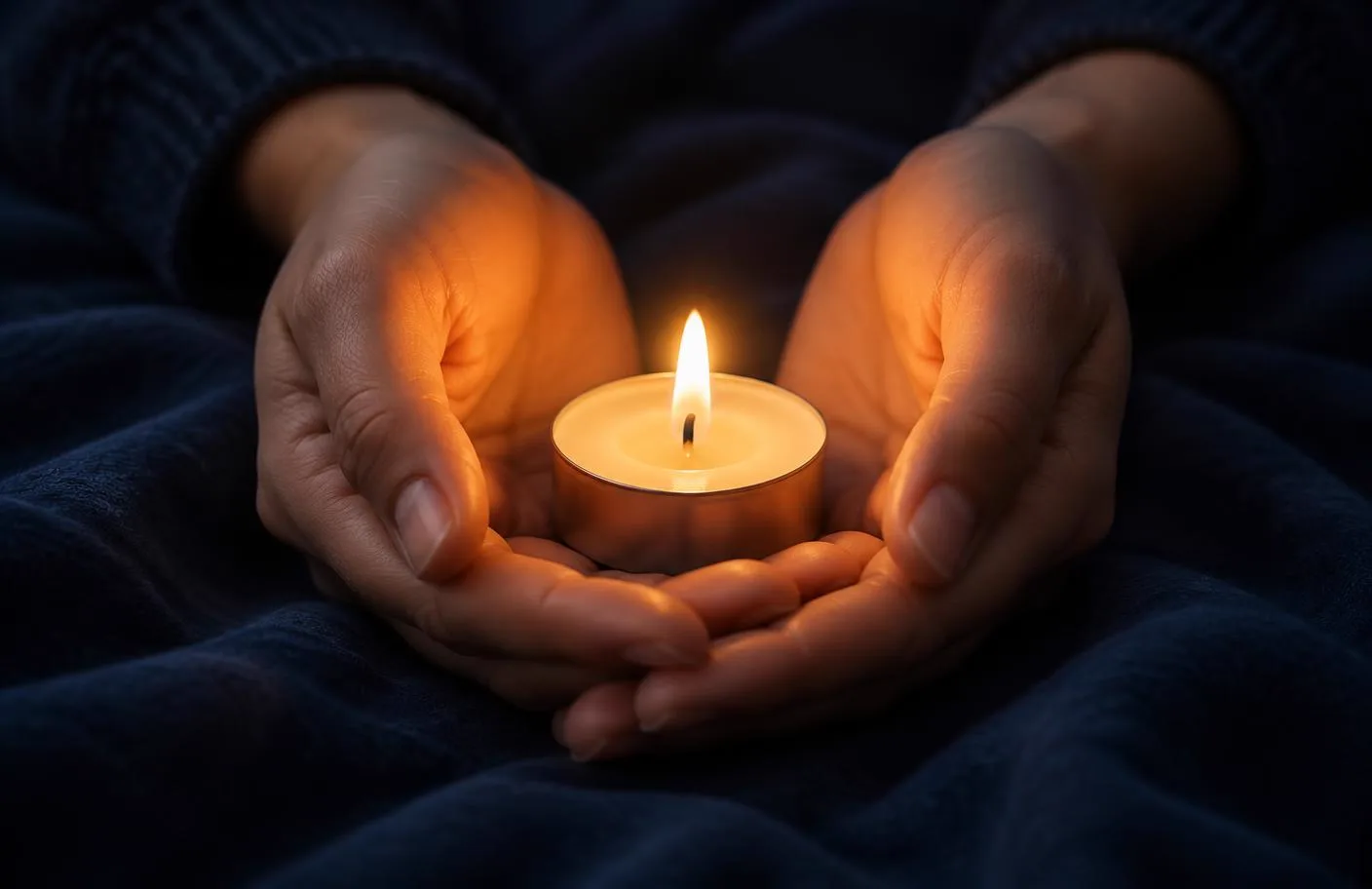 Hands holding a small lit candle