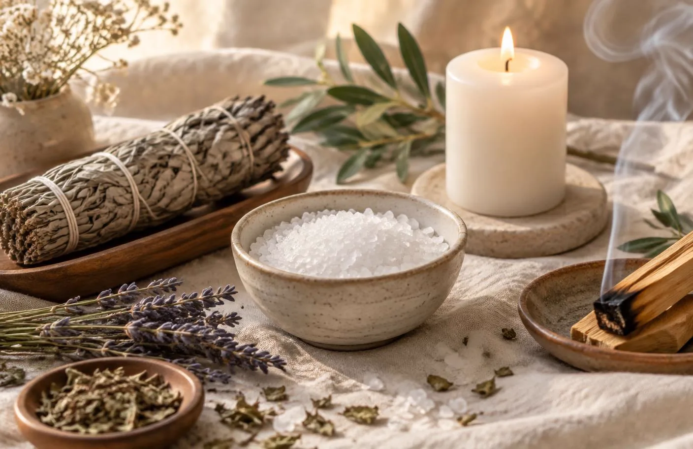 Dried herbs, salt and a candle arranged on ivory linen