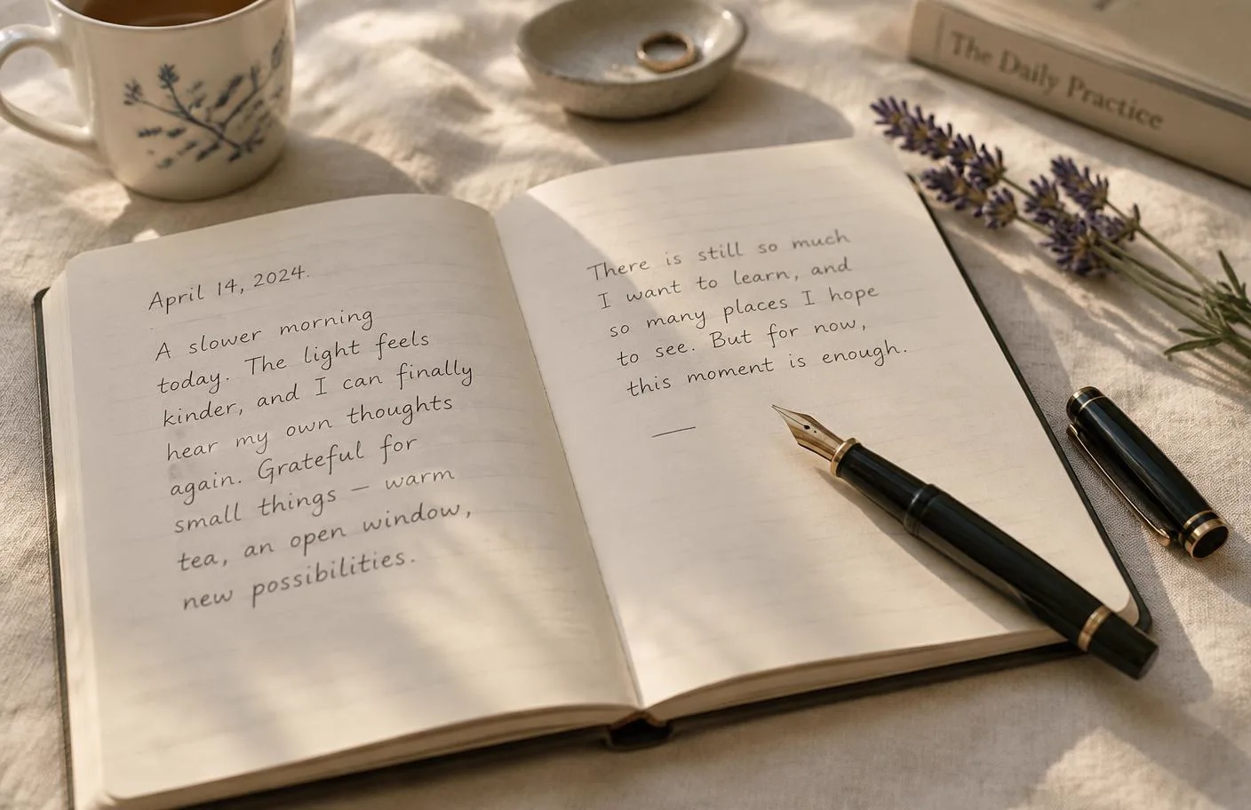 An open journal and pen resting in soft daylight