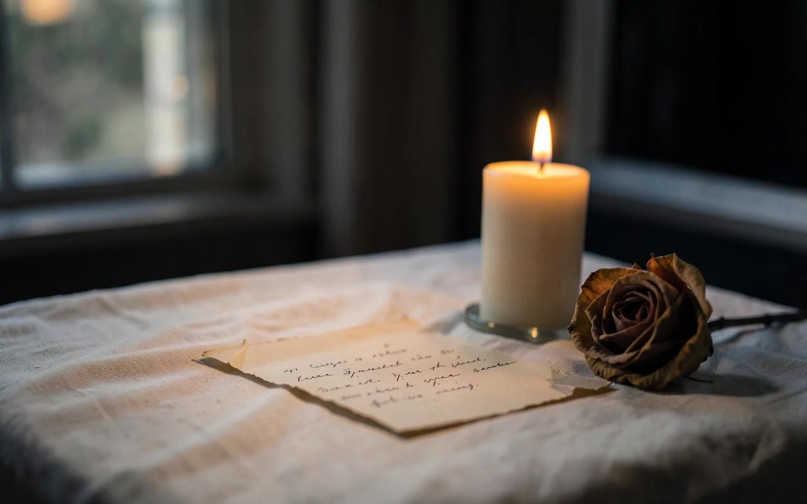 Two hands cupping a small lit candle against a deep blue cloth