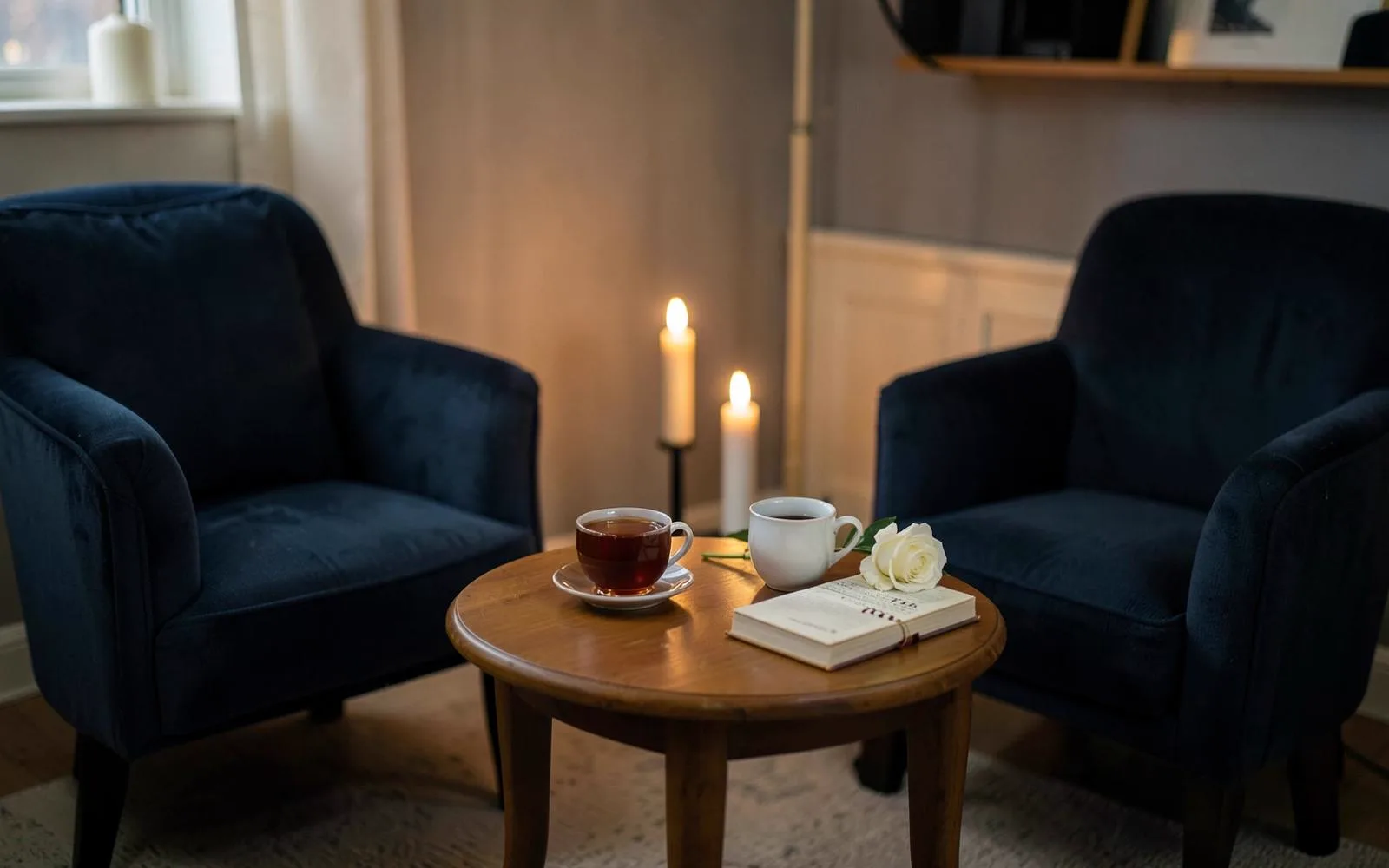 A quiet consultation room with two armchairs and a lit candle