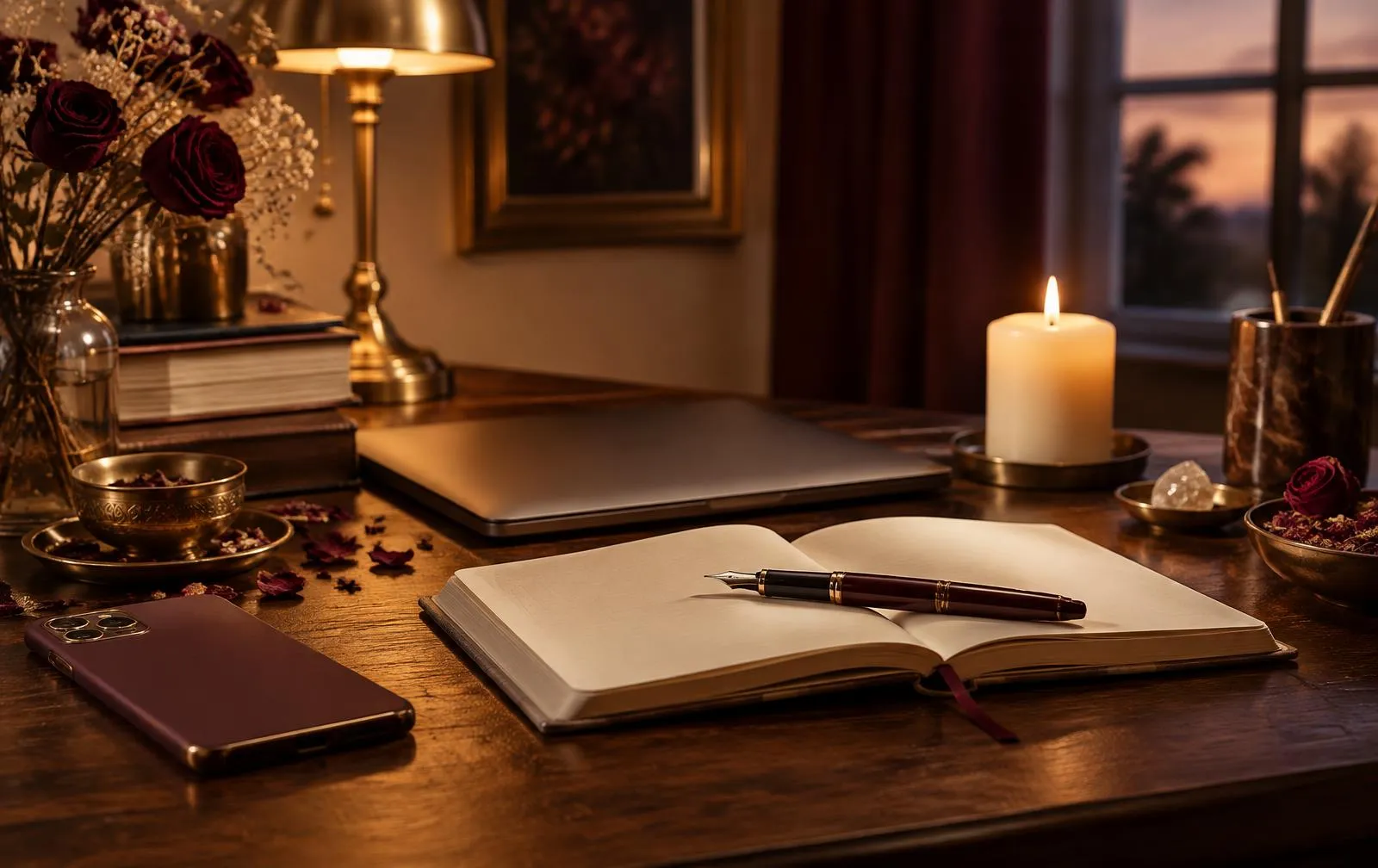 A quiet desk at dusk with a phone, a closed laptop, an open journal and a lit candle