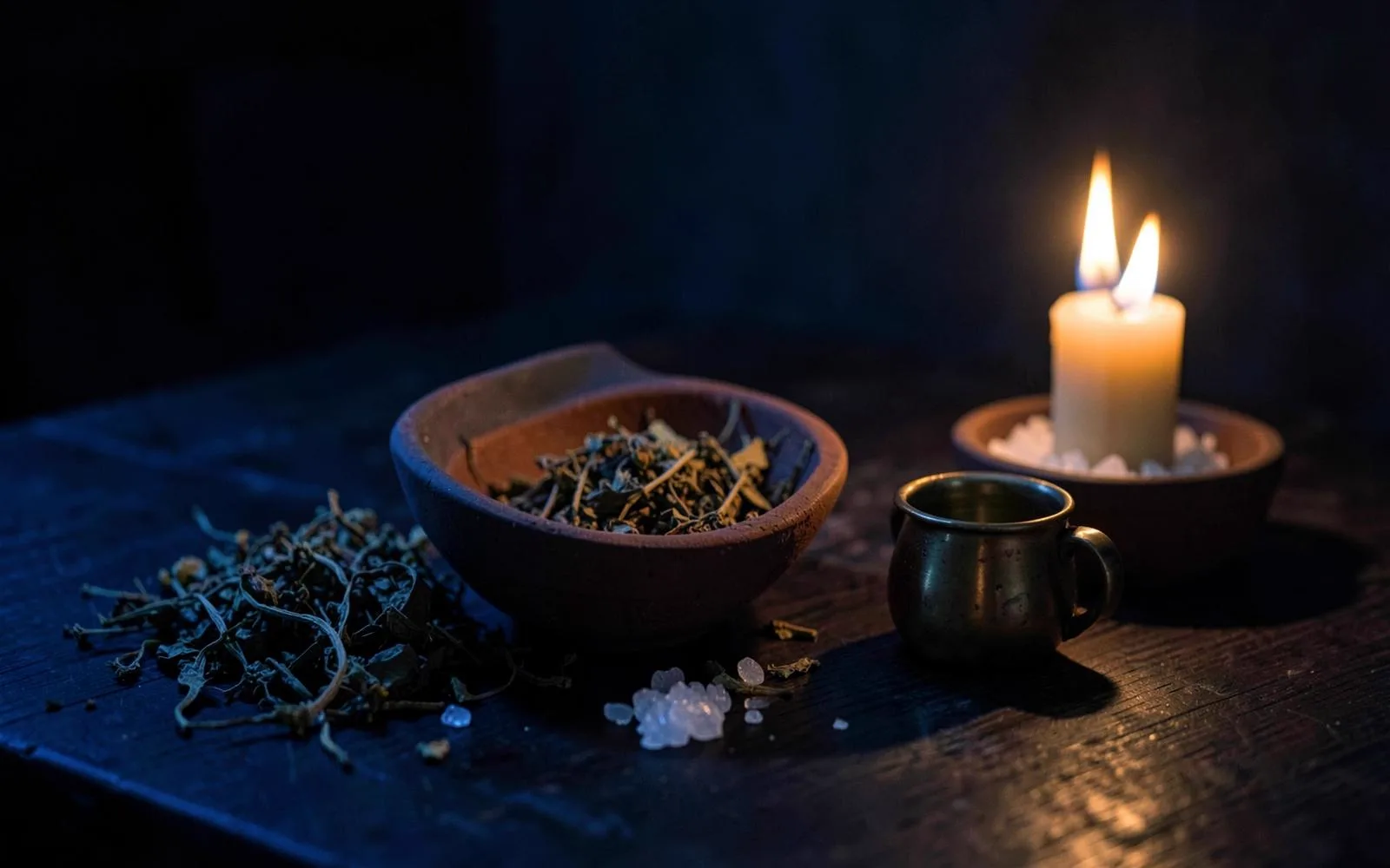 Dried herbs, sea salt in a ceramic bowl and a white candle on ivory linen